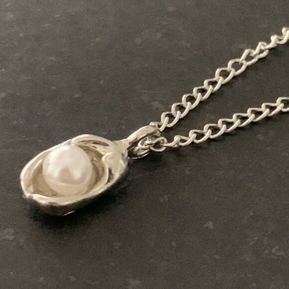 Symbolic Egg in a Nest Pendant Necklace - Silver Tone with Faux Pearl - Picture 4 of 7